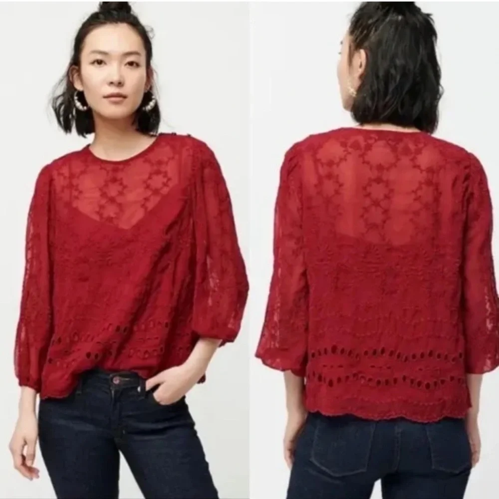 J. Crew Lace Eyelet Blouse Balloon Sleeve Burnt Red Size Medium